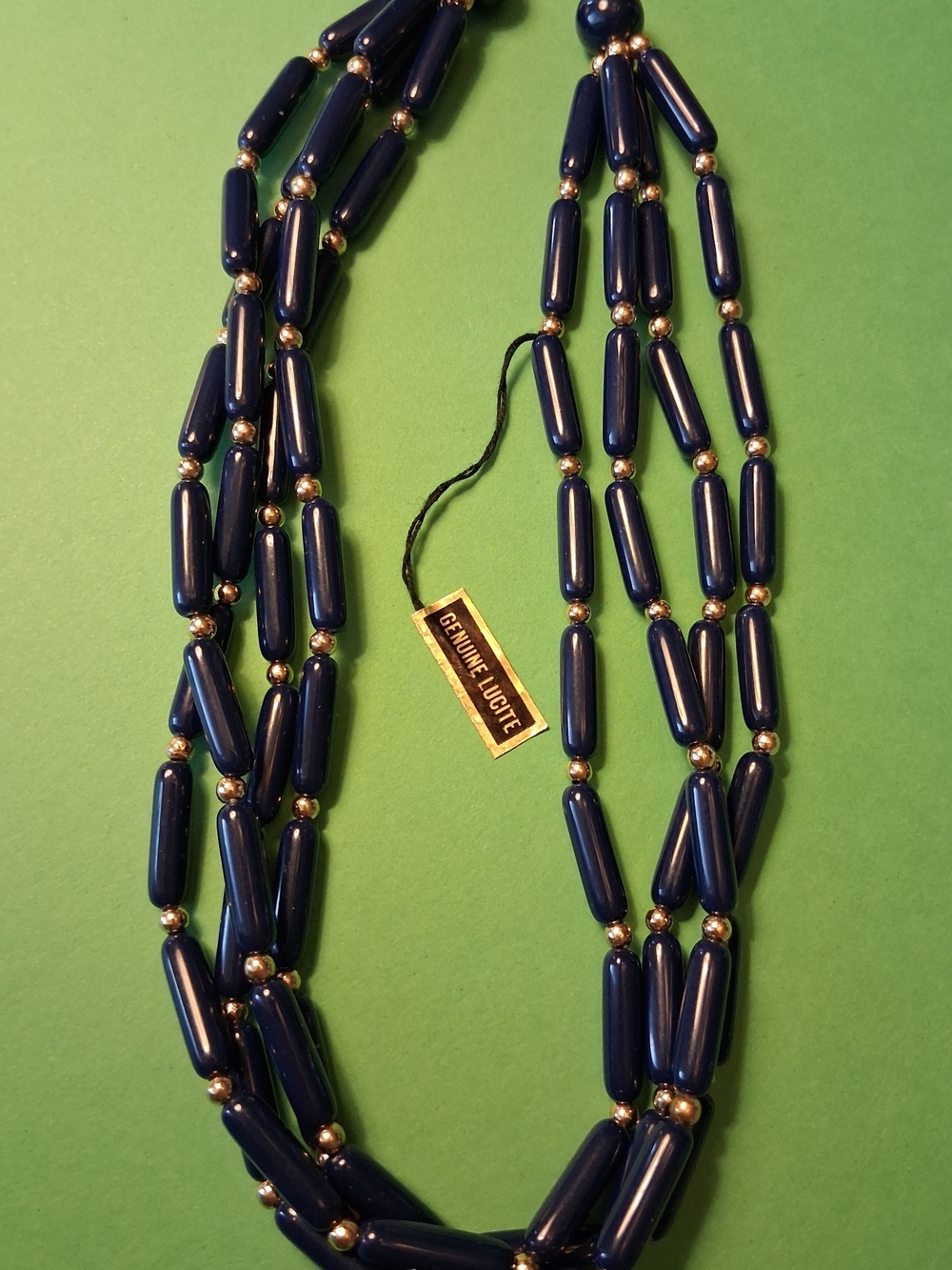 Vintage 60's Navy Blue Multi-Strand Lucite Beaded 18" Necklace W/Gold Tones